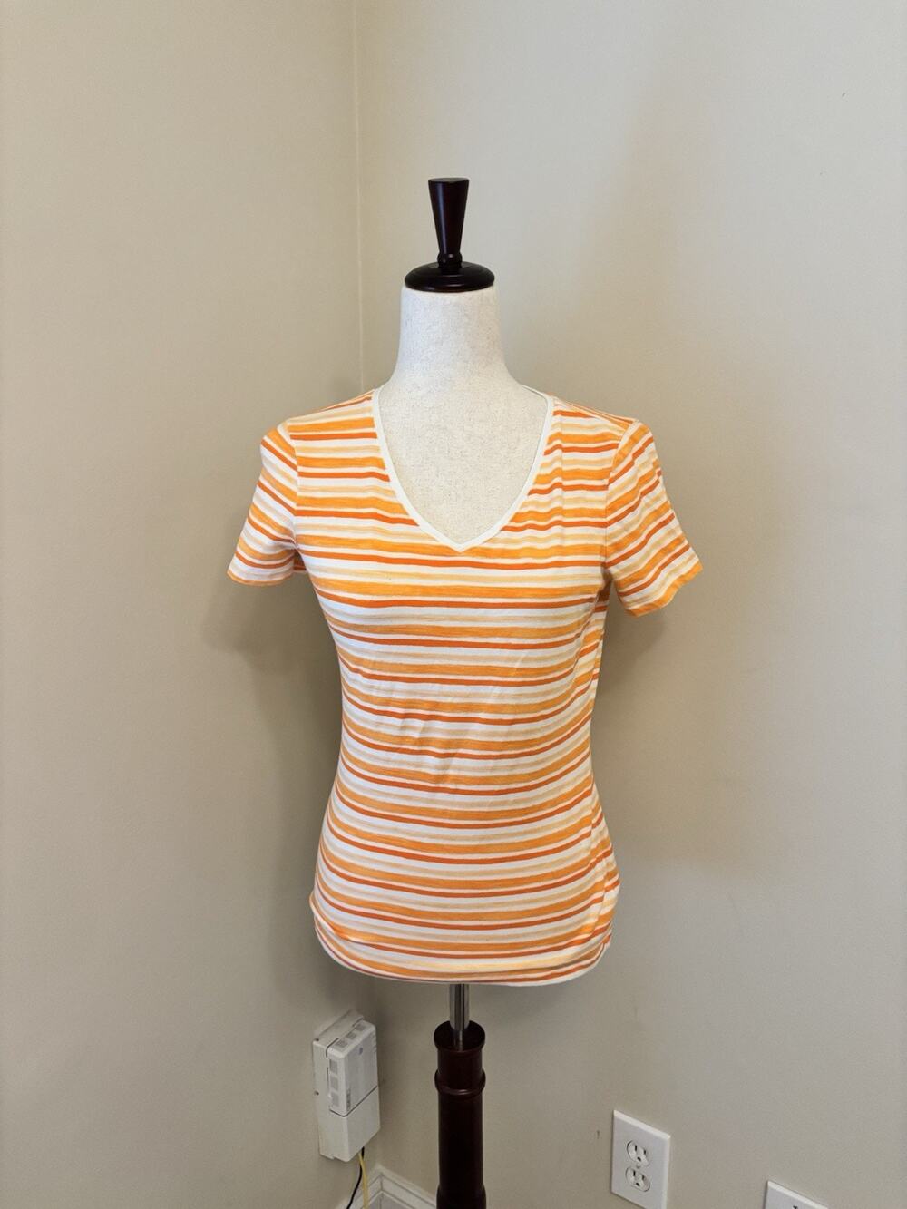 Talbots Stripped Orange Tee Cotton & Spandex Mix Orange & White V-Neck Size XS